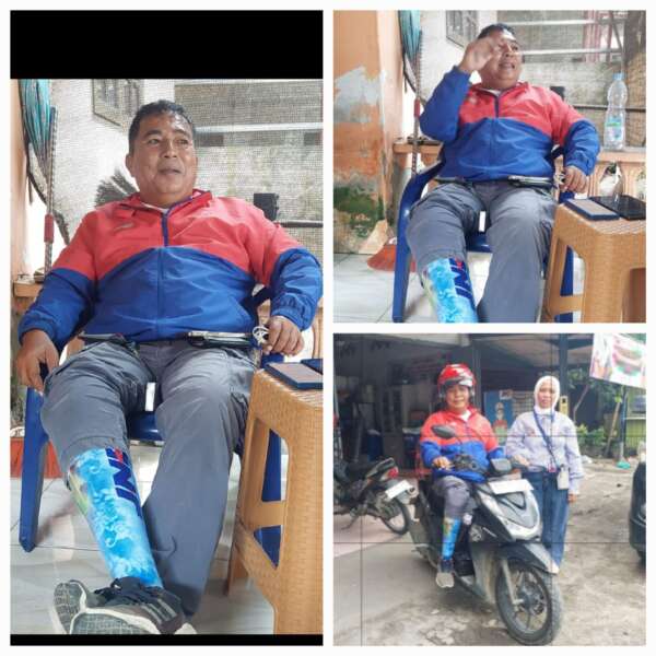 Kaki kanan boleh hilang, tapi tekadnya tetap utuh. Dari balik senyum dan jaket merah biru, Bang Ramon mengajarkan arti bangkit dan berbagi (Pewarta.co/agustina)